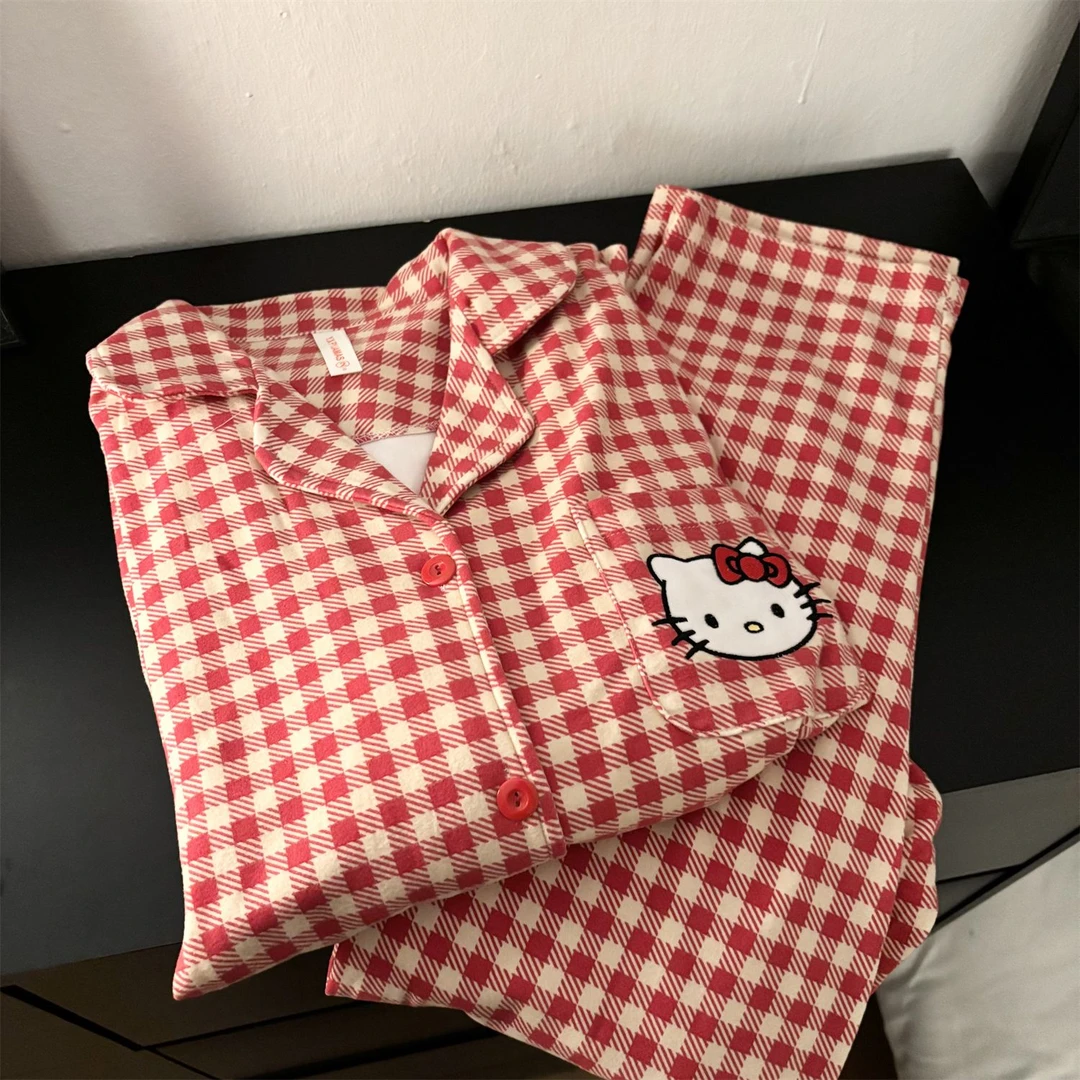 德绒保暖红格凯蒂睡衣女秋冬新款甜美可爱可外穿甜美风家居服套装