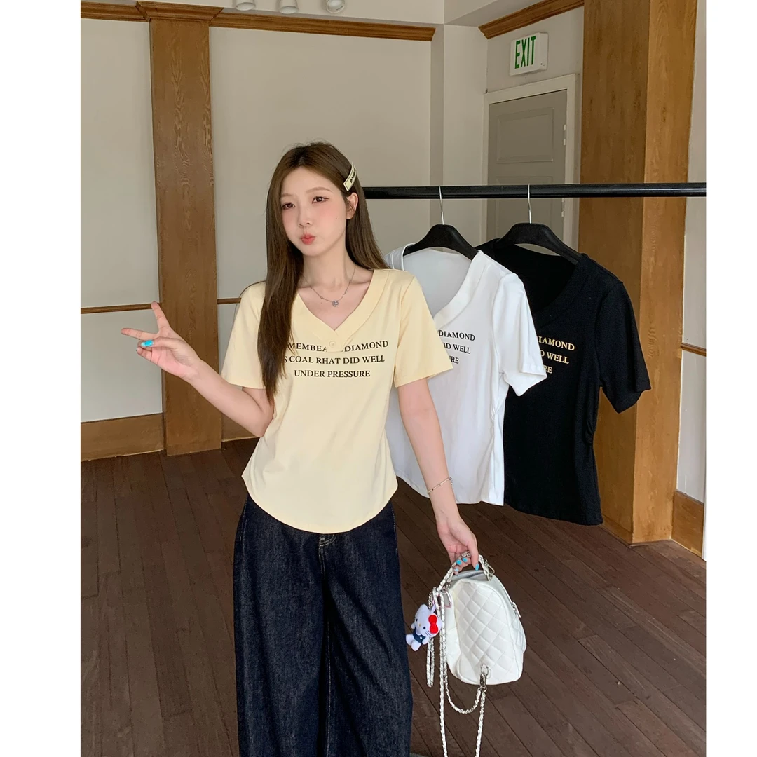 2025夏季新款胖mm大码字母印花V领短袖T恤修身收腰显瘦上衣64630