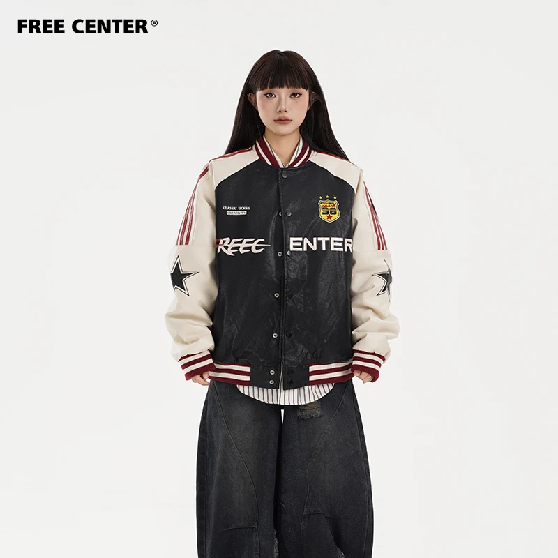 Free Center美式复古拼接棒球服加厚夹棉皮衣男女冬季棉衣外套潮