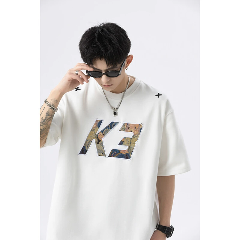美式高街贴布绣短袖T恤男士夏季ins青少年宽松休闲百搭设计感上衣