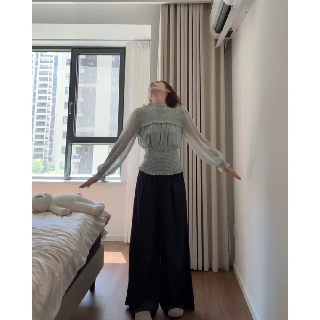 parkyeon法式小众别致绝美立领打揽上衣黑色高腰显瘦休闲裤套装