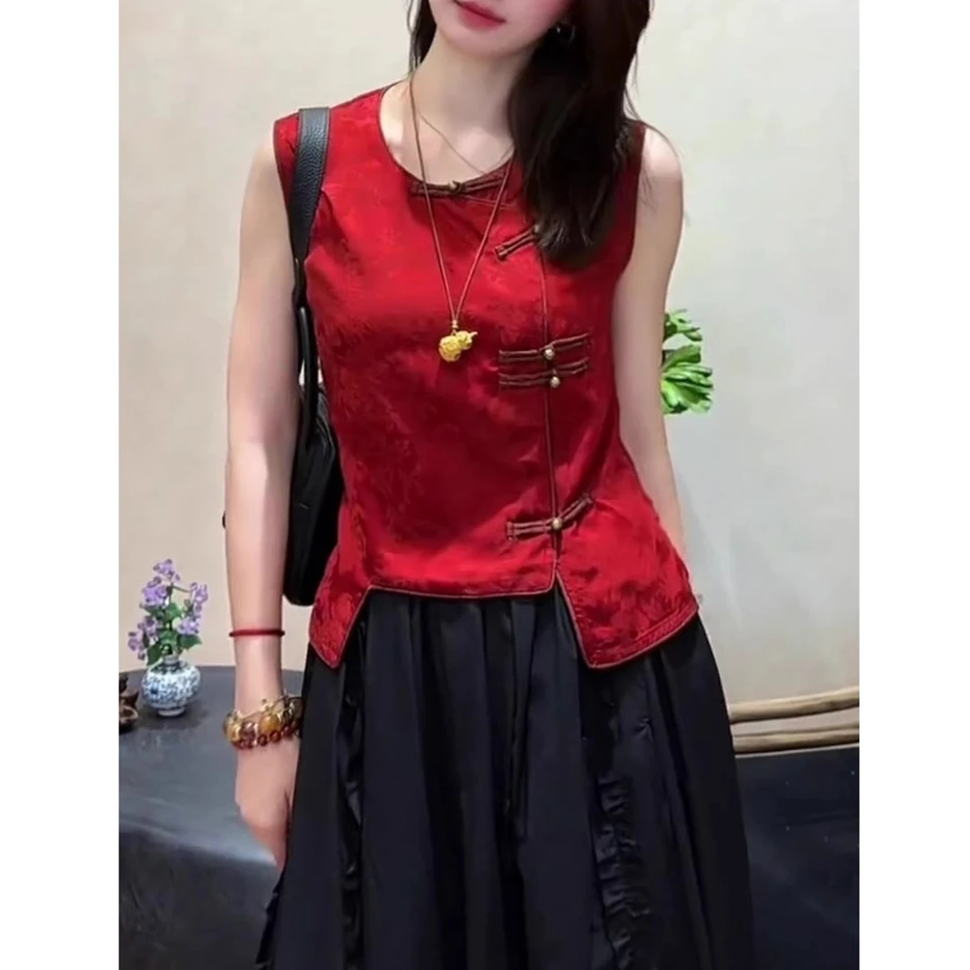 红色圆领无袖背心2025夏季新款女装斜襟门盘扣设计新中式国风上衣