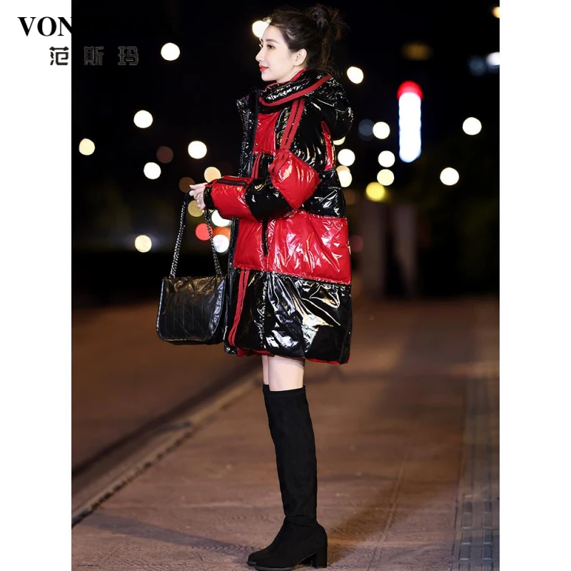 红色免洗亮面中长款羽绒服女2025年冬季新款加厚宽松高级感潮外套