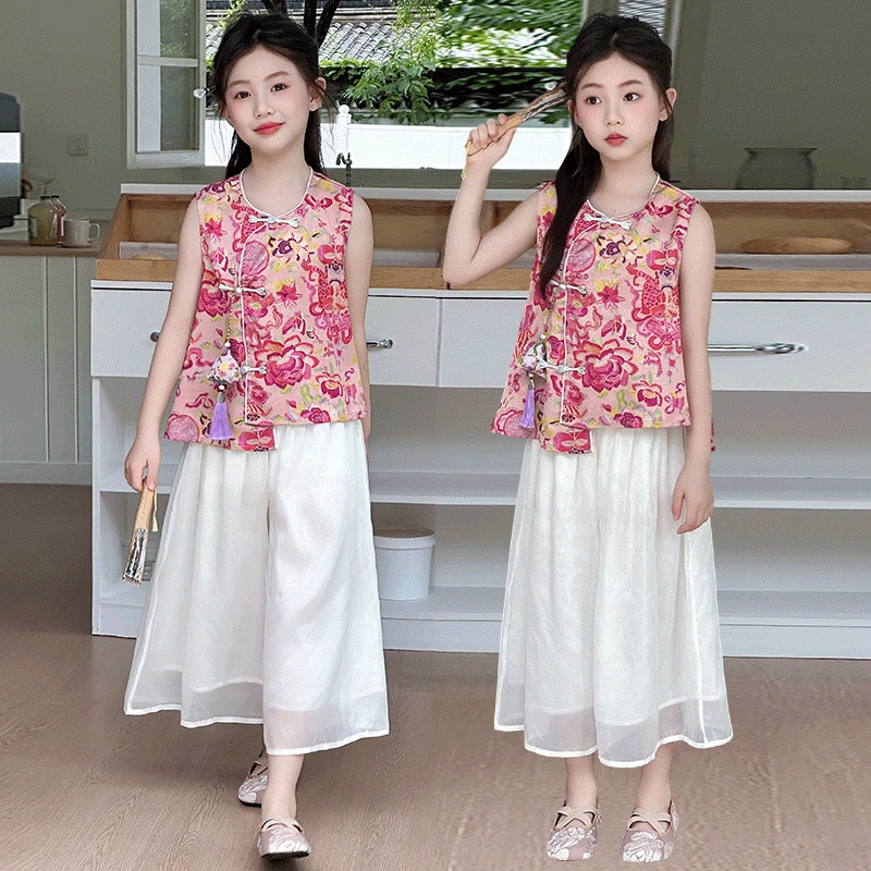 女童夏装套装2025新款儿童新中式复古无袖旗袍女孩夏季休闲两件套