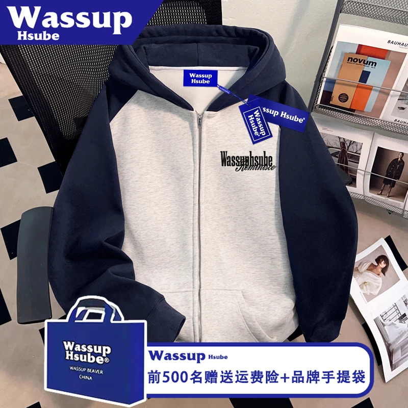 WASSUP HSUBE简约风潮牌字母印花外套全拉链卫衣秋冬男女连帽开衫