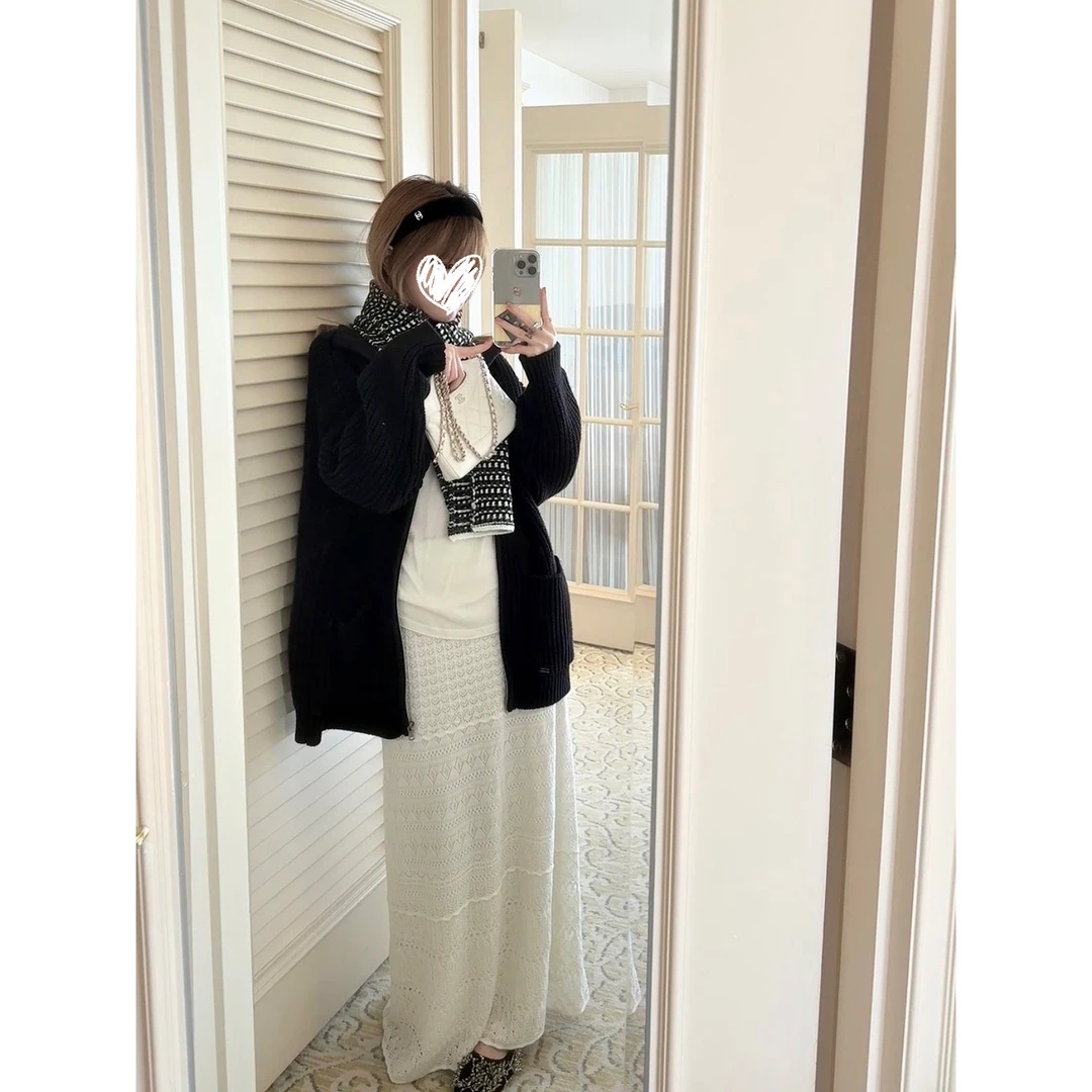 秋季新款反差感甜美软糯糯气质米白色镂空半身长裙B065