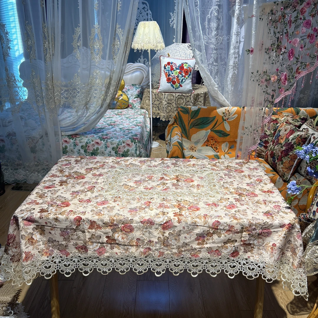 DY041-13精梳棉（125*175cm）肤色簇簇盛开牡丹花矩形镂空桌布