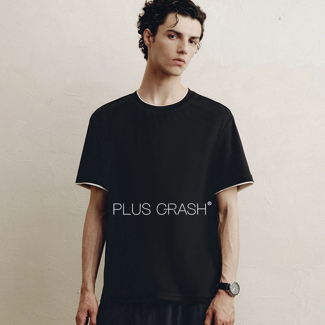 PLUS CRASH轻奢舒适领部双层撞色短港风黑白纯色老钱风男装
