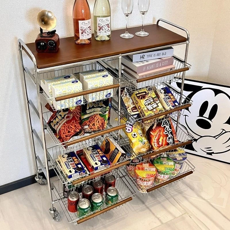 中古小推车置物架客厅移动带轮零食收纳架家用复古厨房落地置物架