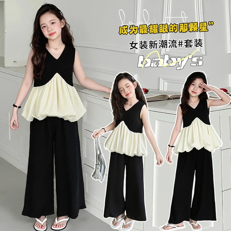 女童套装2025夏季法式V领套头无袖拼接花苞背心短裤洋气两件套潮