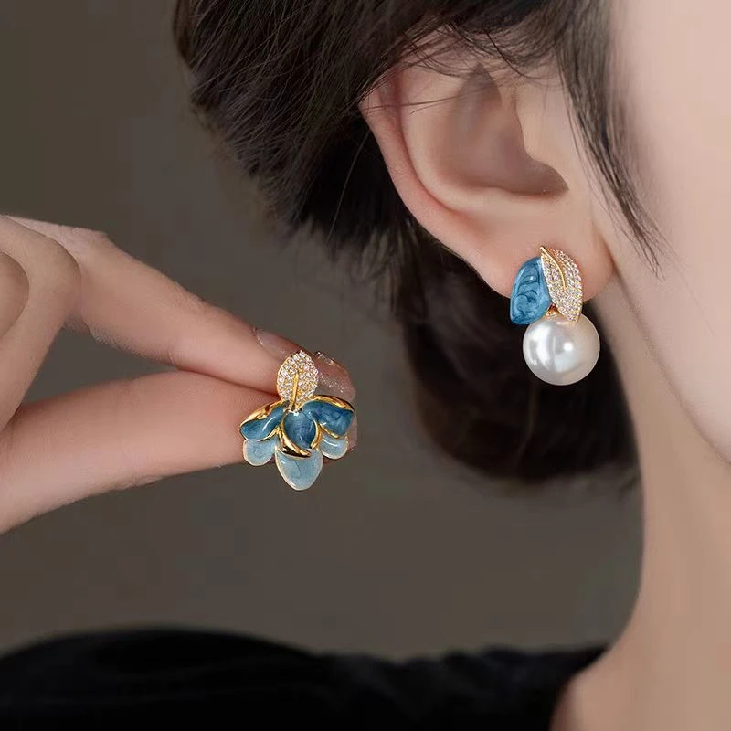 铜合金耳饰 气质不对称耳环高级感树叶珠珠耳钉女中式N2792