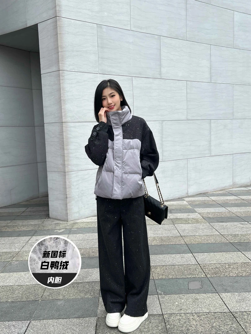 【精选女装】高级感立领羽绒服女冬季亮片拼接外套阔腿裤套装10098