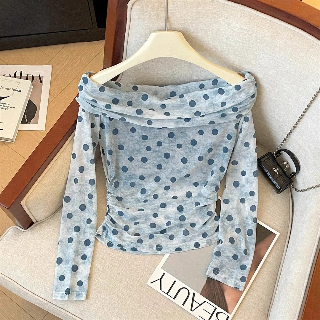 专柜撤回剪标纯欲一字肩波点长袖衫女夏季新款高级感网纱上衣