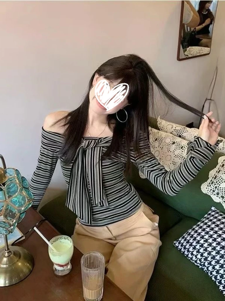 优雅复古一字肩条纹长袖T恤设计感绑带露肩辣妹气质上衣