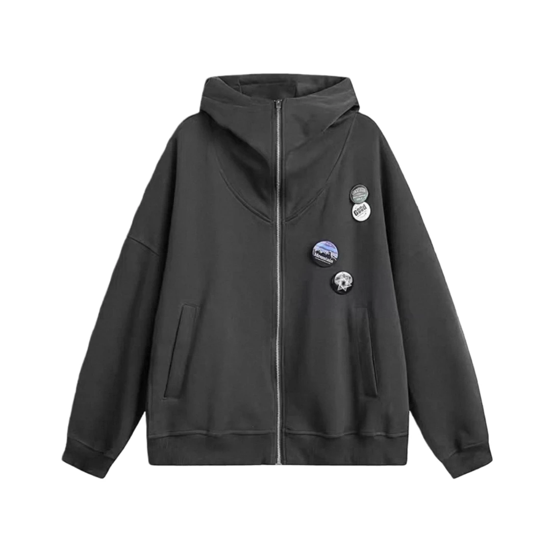 潮牌胸章简约加绒连帽开衫卫衣秋冬保暖厚款拉链时尚百搭外套