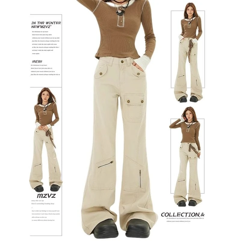 米白色微喇叭工装裤新款百搭美式复古宽松阔腿显瘦直筒休闲裤子