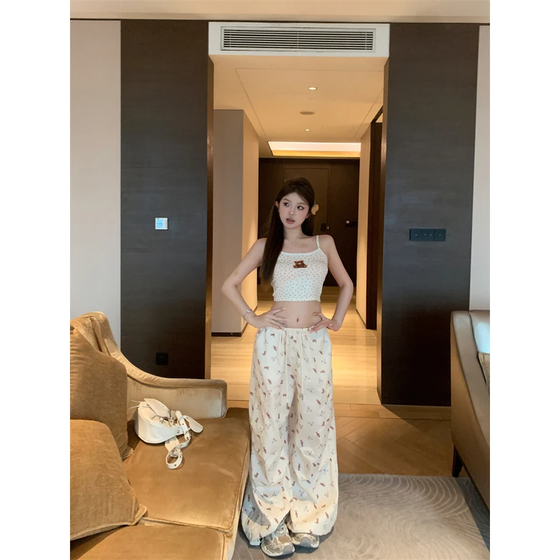 美式小熊印花蕾丝拼接吊带背心束腰工装裤宽松阔腿休闲裤套装女夏