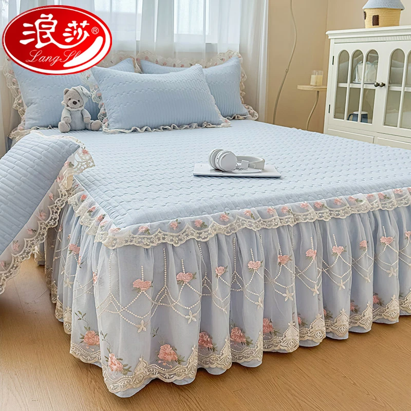 浪莎床裙遮丑下摆单件床裙罩带裙边床盖夹棉皱皱纱床裙款三件套