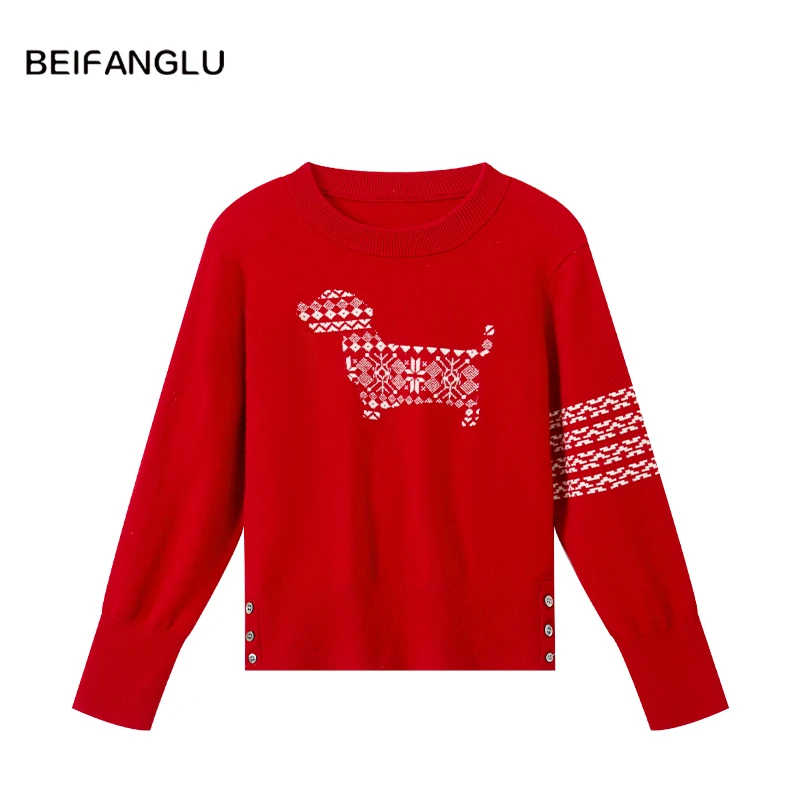 北方鹿 100%绵羊毛2025新款圆领小狗提花长袖针织衫减龄女251584