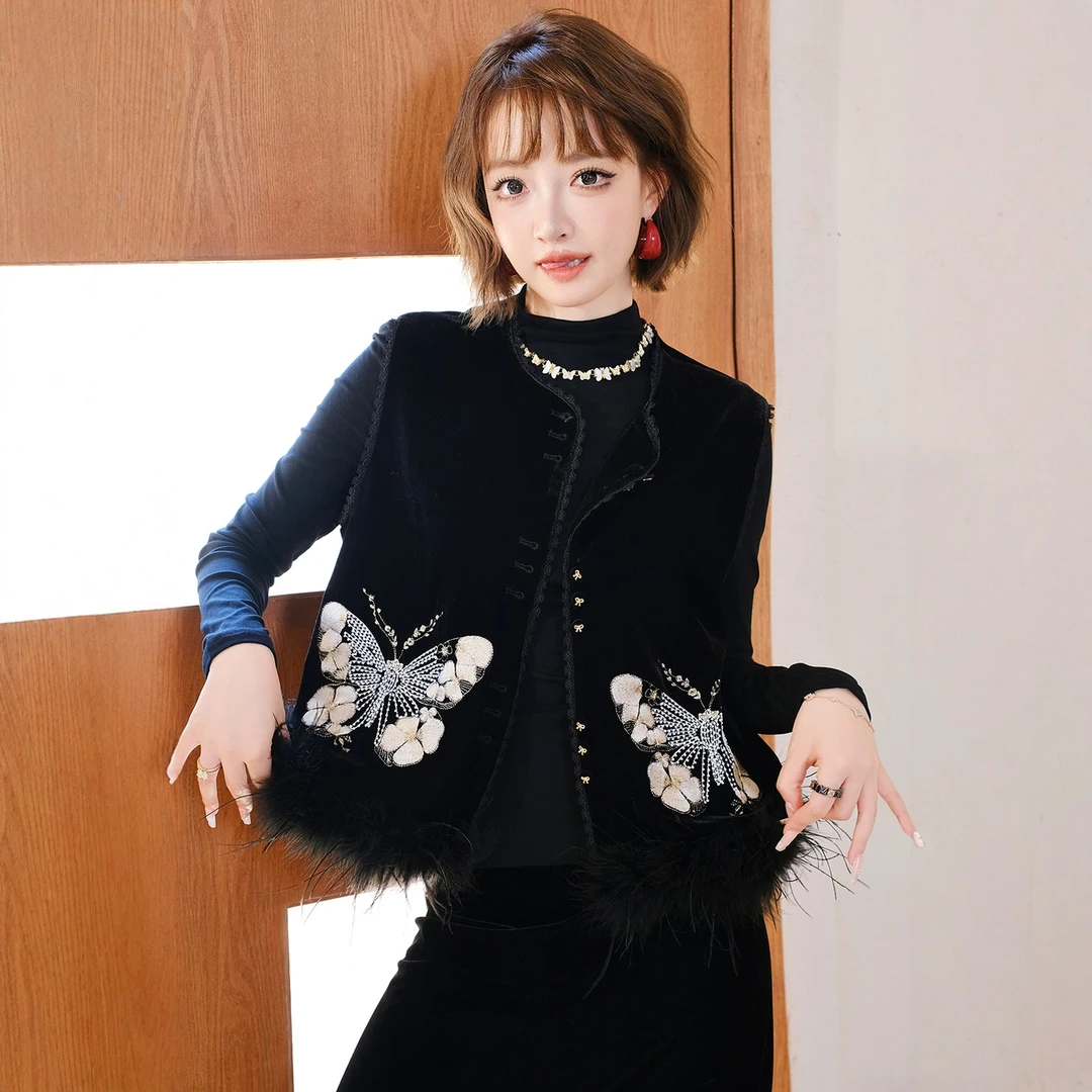 MIUCO复古国风黑丝绒马甲外套新中式马夹