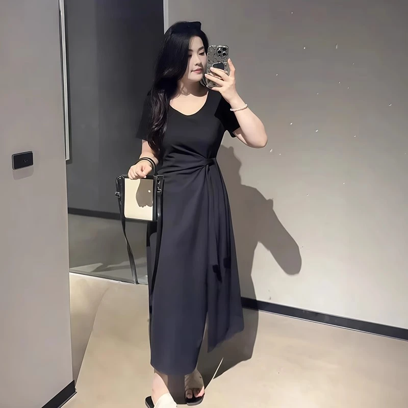 大码女装法式赫本风短袖连衣裙夏季胖mm收腰显瘦气质高级感长裙子