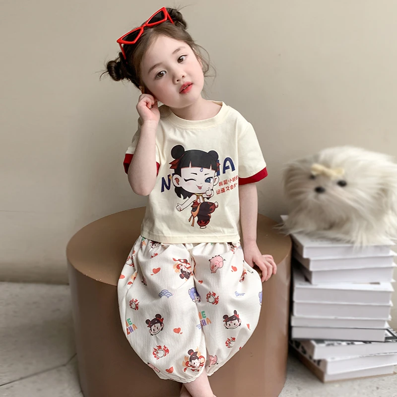女小童休闲套装夏季2025新款女宝宝哪吒短袖夏装小女孩运动两件套