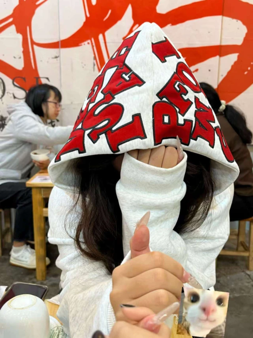 美式街头设计感满印字母刺绣连帽卫衣男oversize宽松白灰帽衫外套