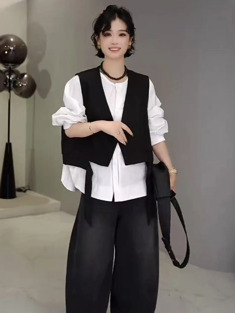 韩系设计感不规则马甲女2025早秋新款宽松显瘦小个子长袖叠穿上衣