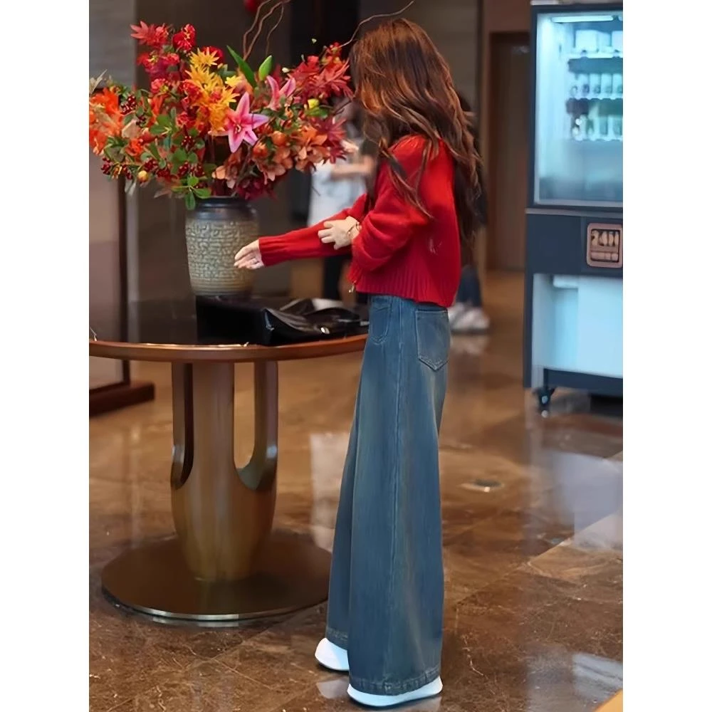 春季穿搭一整套时尚减龄松弛漂亮高级感毛衣阔腿牛仔裤两件套装女