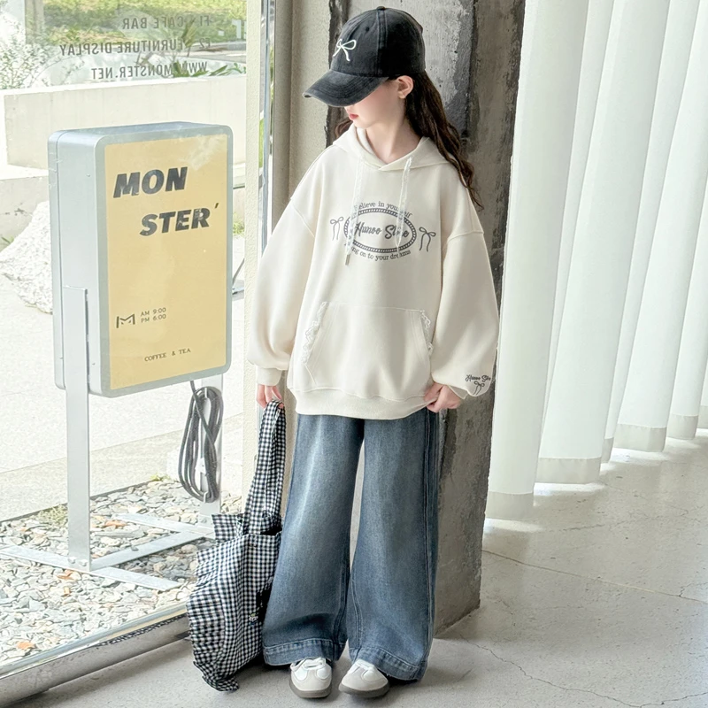 女童大童卫衣套装秋季2025新款韩版儿童秋装连帽上衣牛仔裤两件套