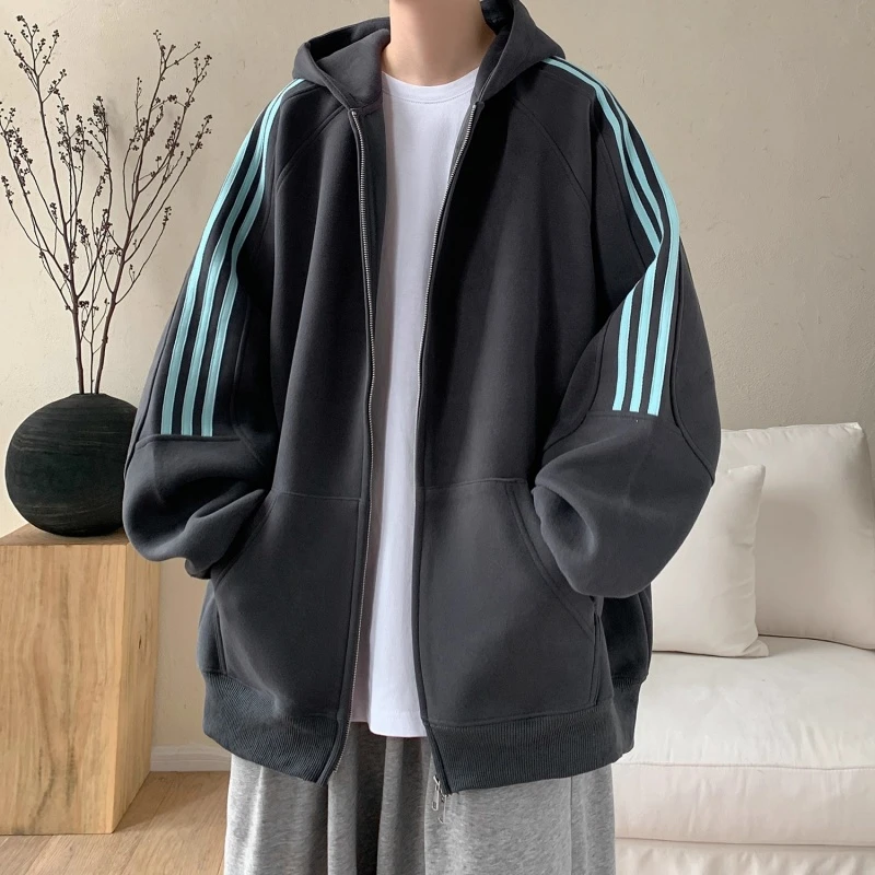 大码300斤港风潮流条纹卫衣开衫外套男女秋冬加绒加厚连帽上衣ins