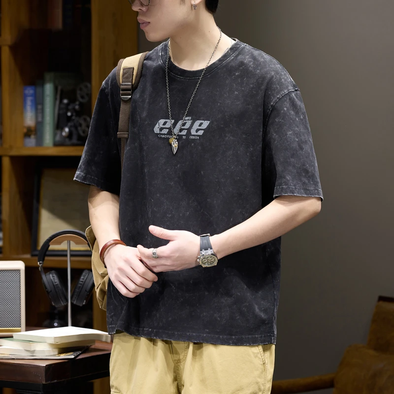 LEIGHZ/雷茨重磅复古短袖t恤男士潮牌印花上衣夏季宽松圆领体恤