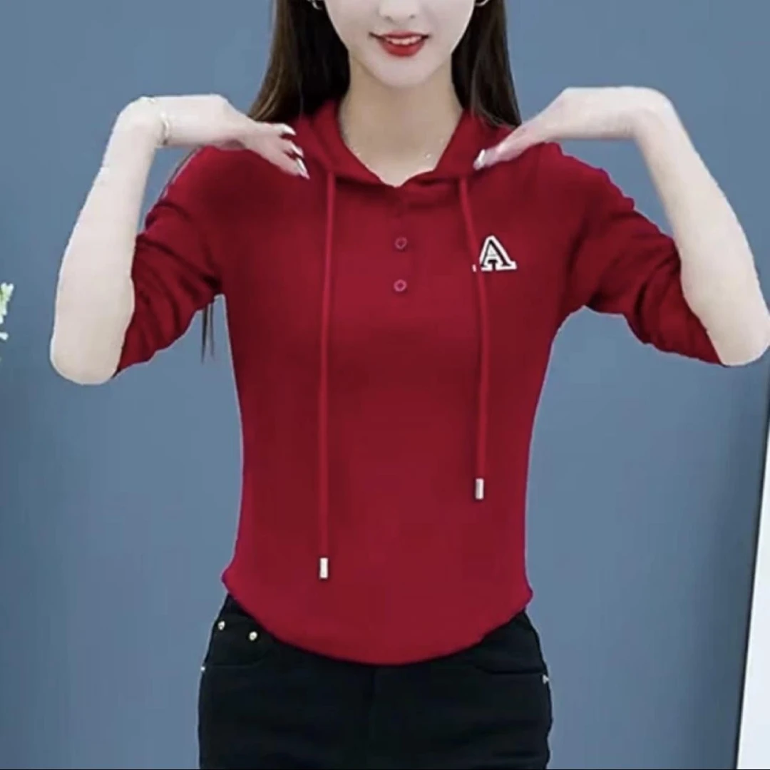 女士连帽卫衣2025修身休闲长袖t恤短款百搭时尚气质洋气显瘦上衣