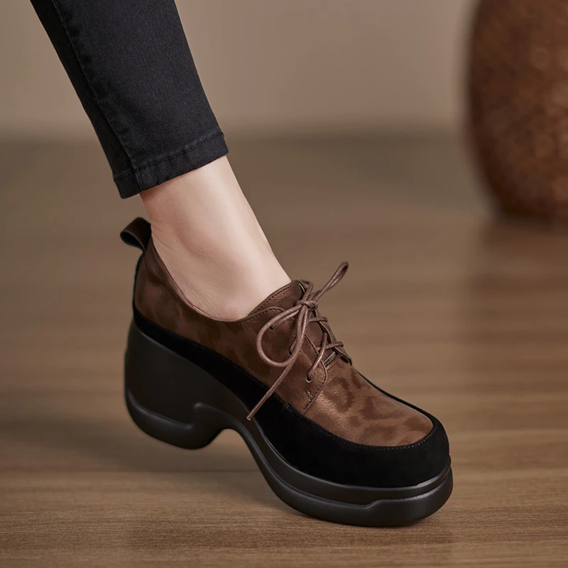 小个子手工女鞋7.5cm~复古英伦风厚底松糕高跟单鞋豹纹系带小皮鞋