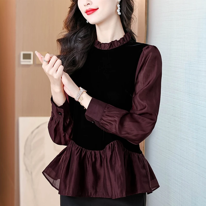 假两件金丝绒衬衫女士高贵2025新款爆款妈妈时尚洋气收腰裙摆上衣