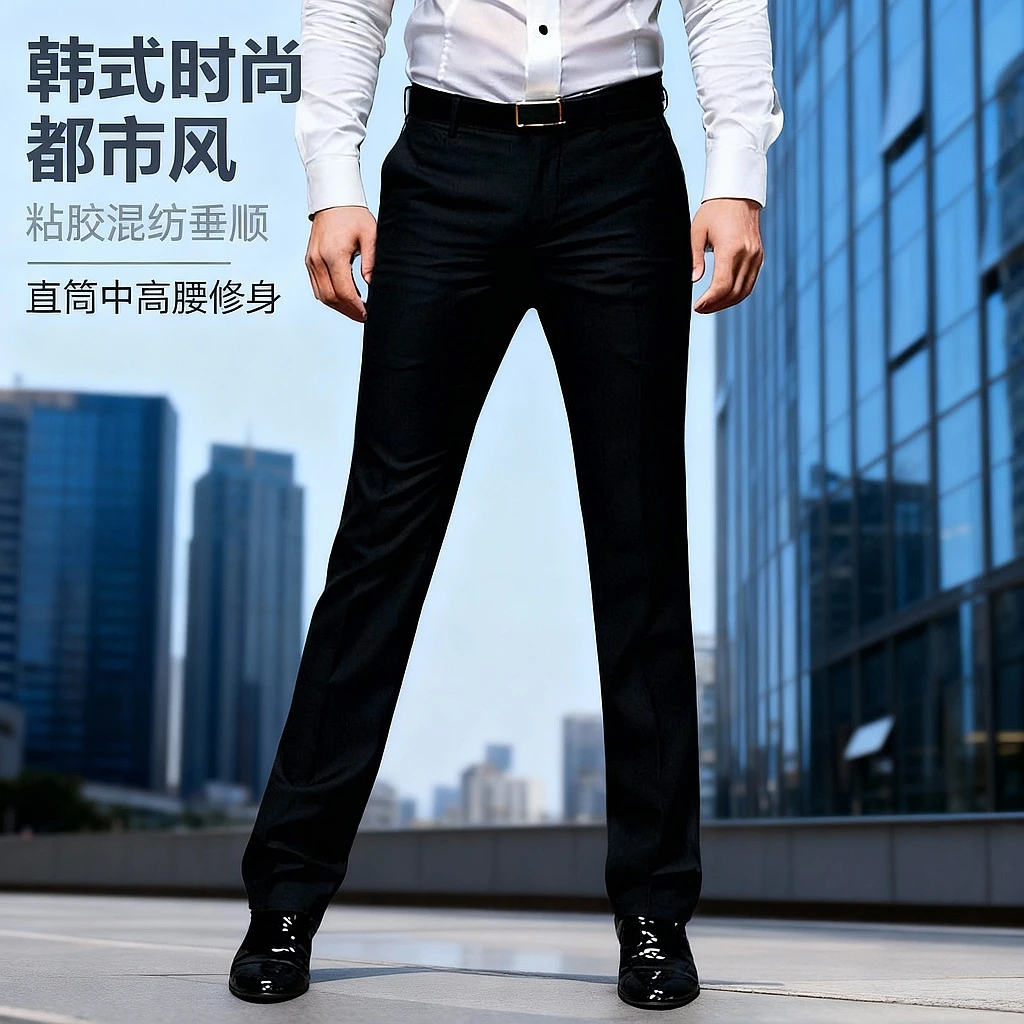 YUEMOYI时尚修身直筒西装裤男士黑色垂感休闲裤高档弹力韩版西裤