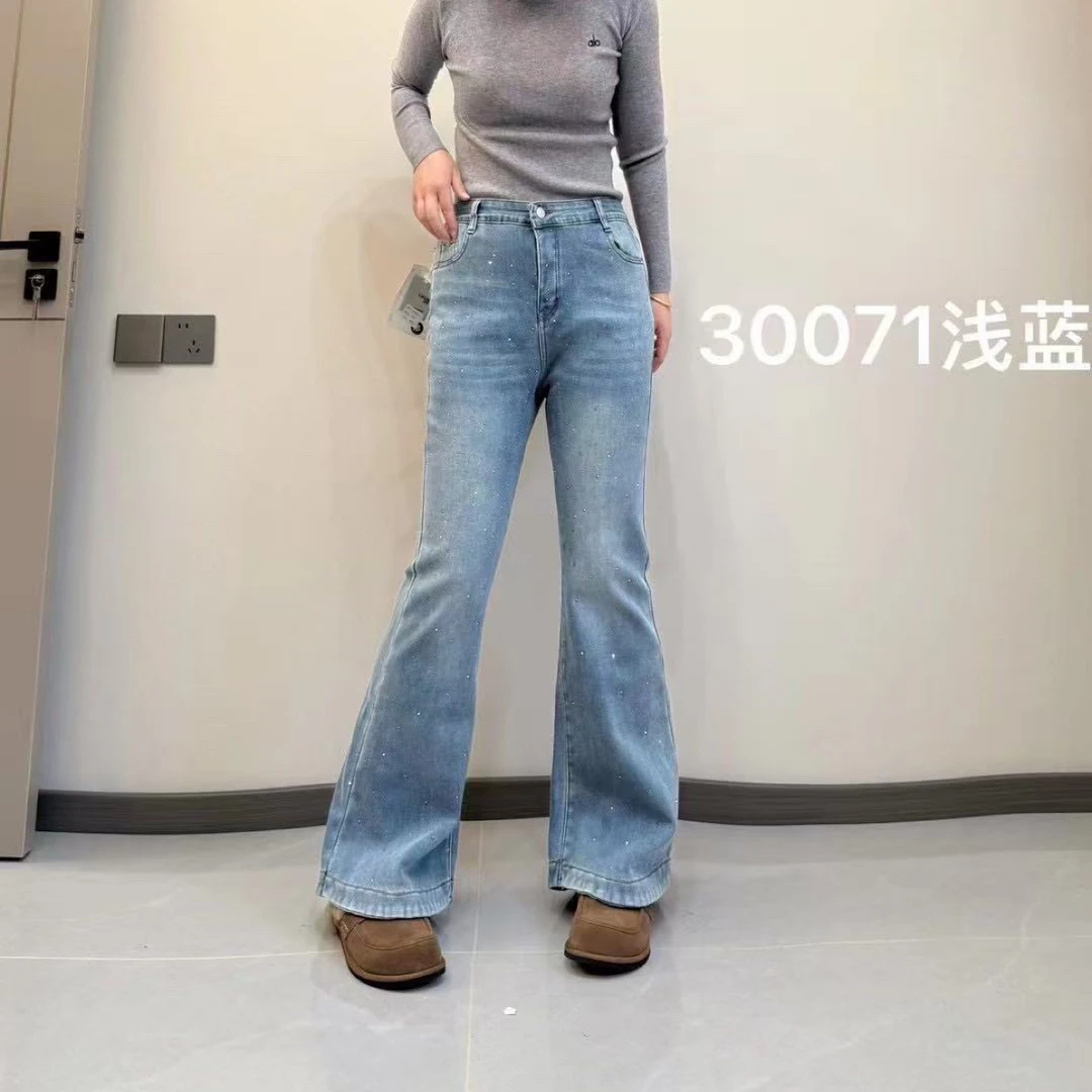 加绒重工烫钻高腰显瘦喇叭牛仔裤女大码休闲秋冬洋气满钻马蹄裤