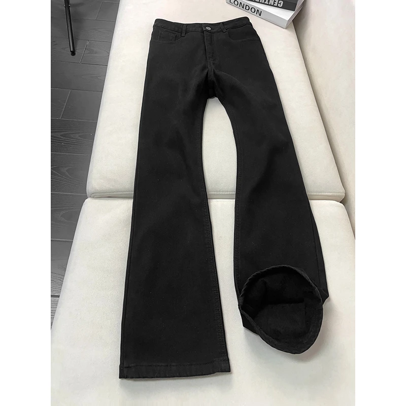 美式潮牌高品质黑色弹力牛仔裤男生冬季加绒加厚宽松直筒微喇长裤