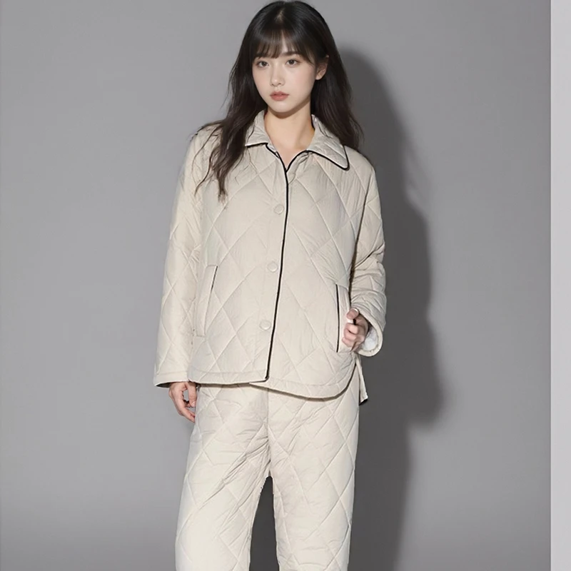 保暖三层夹棉袄睡衣女秋冬时尚白色可外穿加厚高级感家居服可外穿