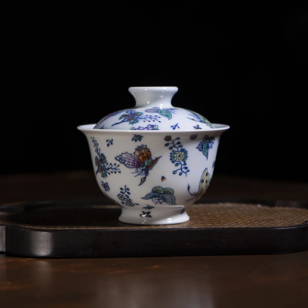 霞艺青花斗彩蝴蝶纹盖碗手工手绘陶瓷茶碗