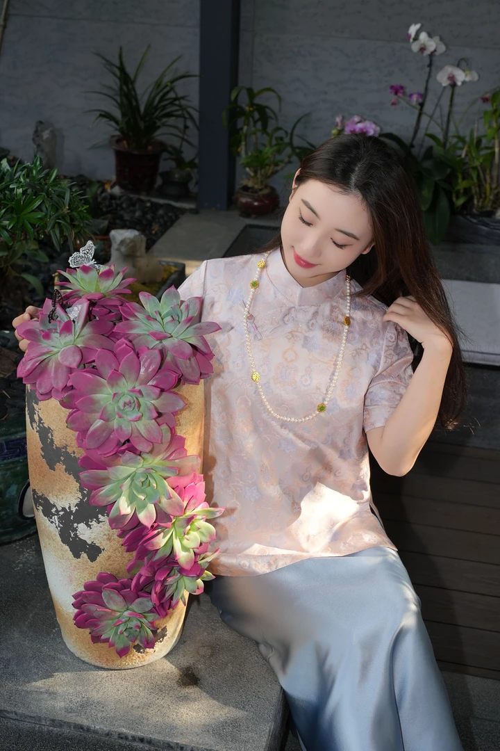 蓝大【茶隐】新中式桑蚕丝短袖7531