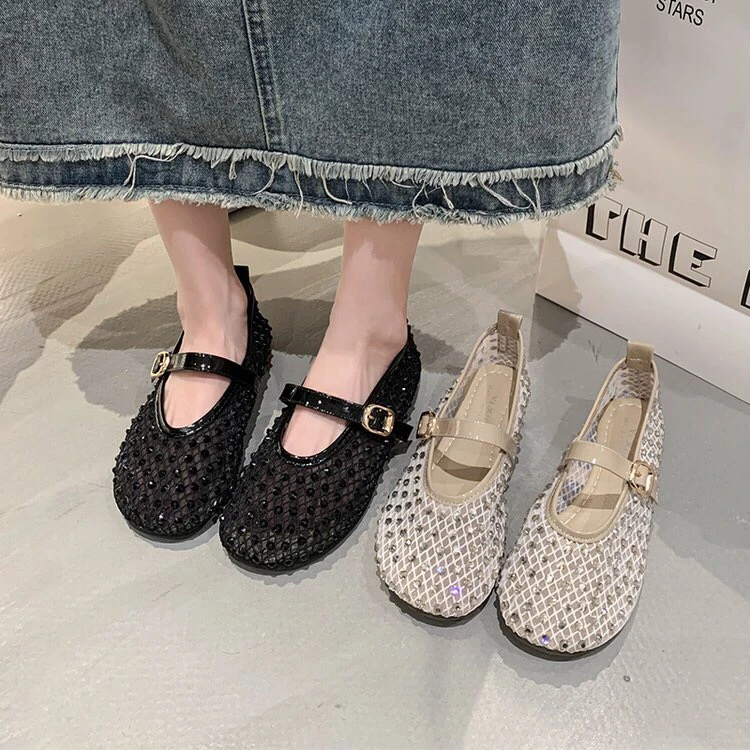 2025夏季新款小众芭蕾鞋网纱水钻透气一字扣平底玛丽珍网鞋女