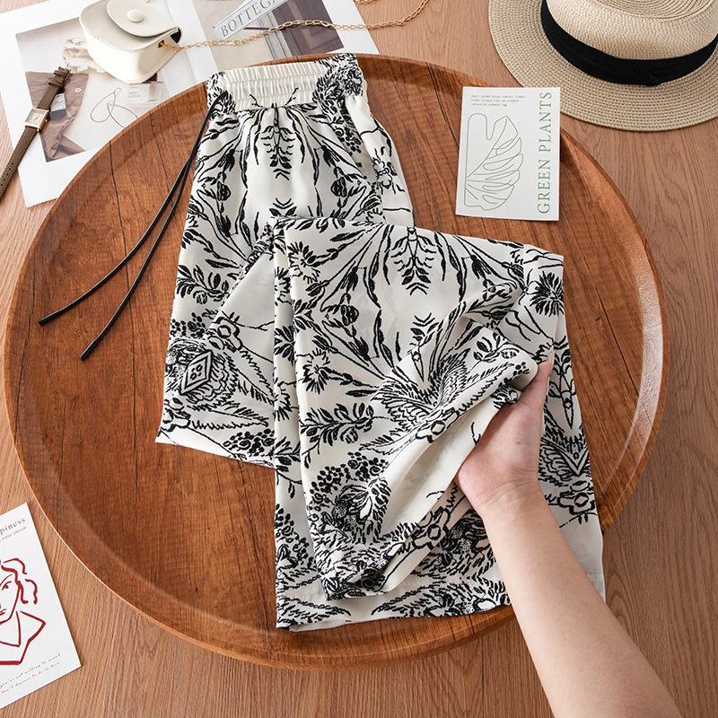 冰丝凉感印花阔腿裤女士2025新款夏季薄款高腰宽松垂感窄版直筒裤