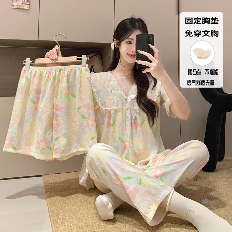 云朵棉带胸垫大学生睡衣女款夏天减龄蕾丝蝴蝶结少女家居服三件套