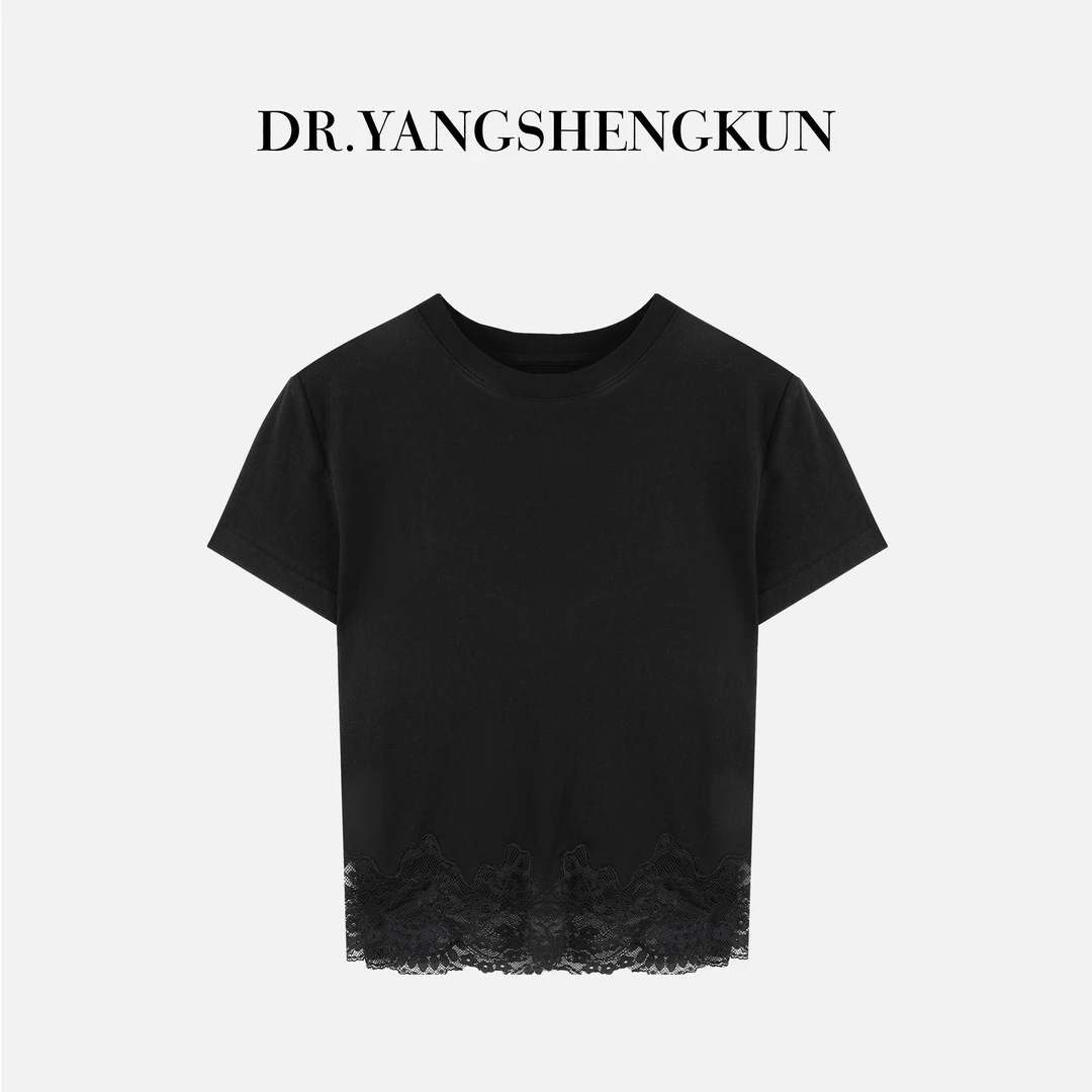 DR杨圣坤2025夏季设计师款蕾丝拼接圆领短袖百搭T恤女B2504-0209