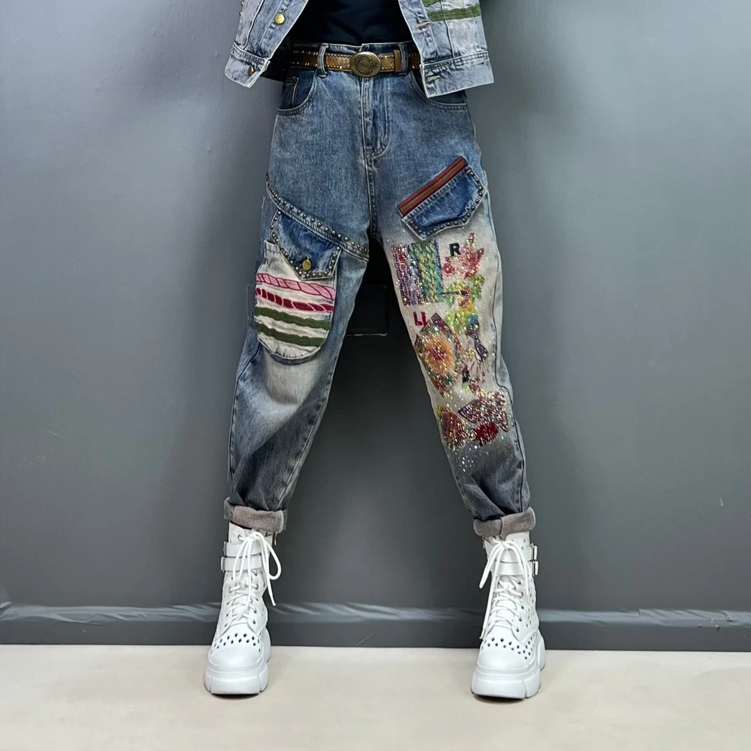 重工艺刺绣烫钻印花时尚显瘦复古蓝牛仔裤【带腰带】