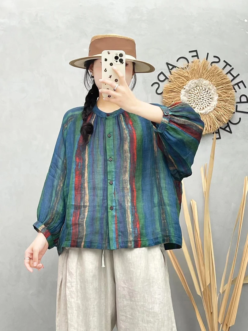 春款上新 82506 复古彩条纹苎麻衬衫25新款宽松减龄印花休闲小衫