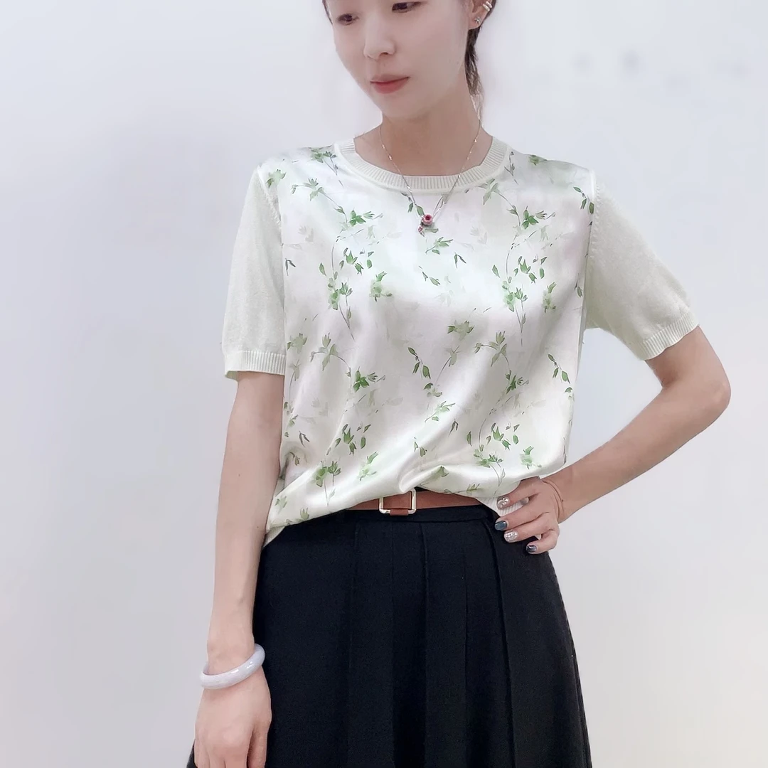 SS 25039【静雅绿叶】2025夏树叶印花拼接桑蚕丝圆领短袖