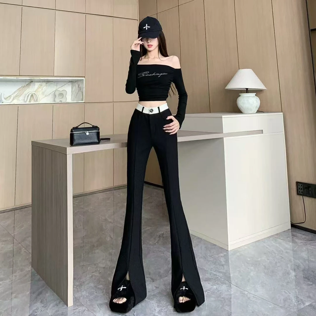 【长腿精魔术裤】8803#高级感黑色微喇裤女设计感撞色长开叉拖地裤