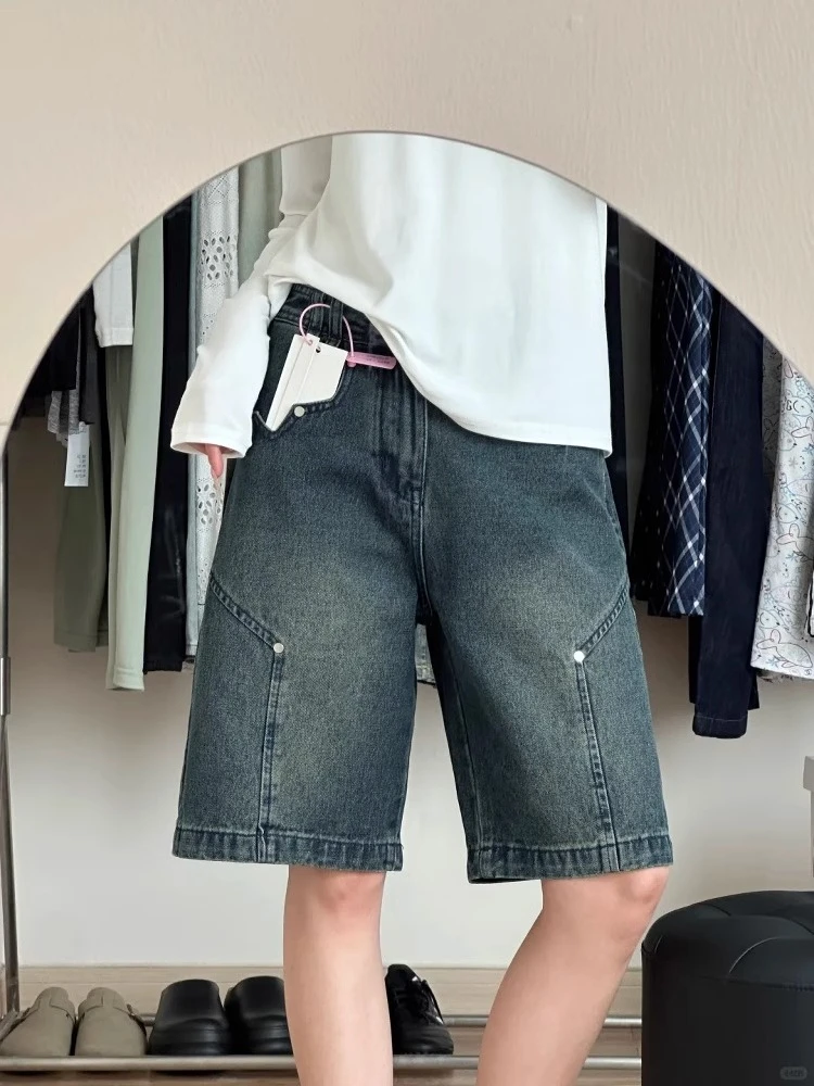 夏款蓝色五分牛仔裤2025新款女大码胖mm梨形身材宽松显瘦阔腿裤